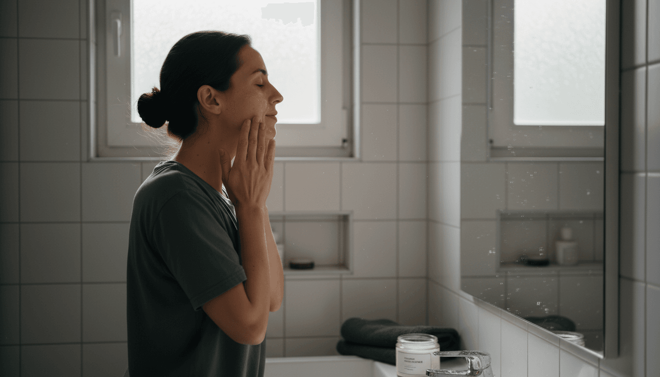 Млада жена се грижи за кожата си пред огледалото в банята.