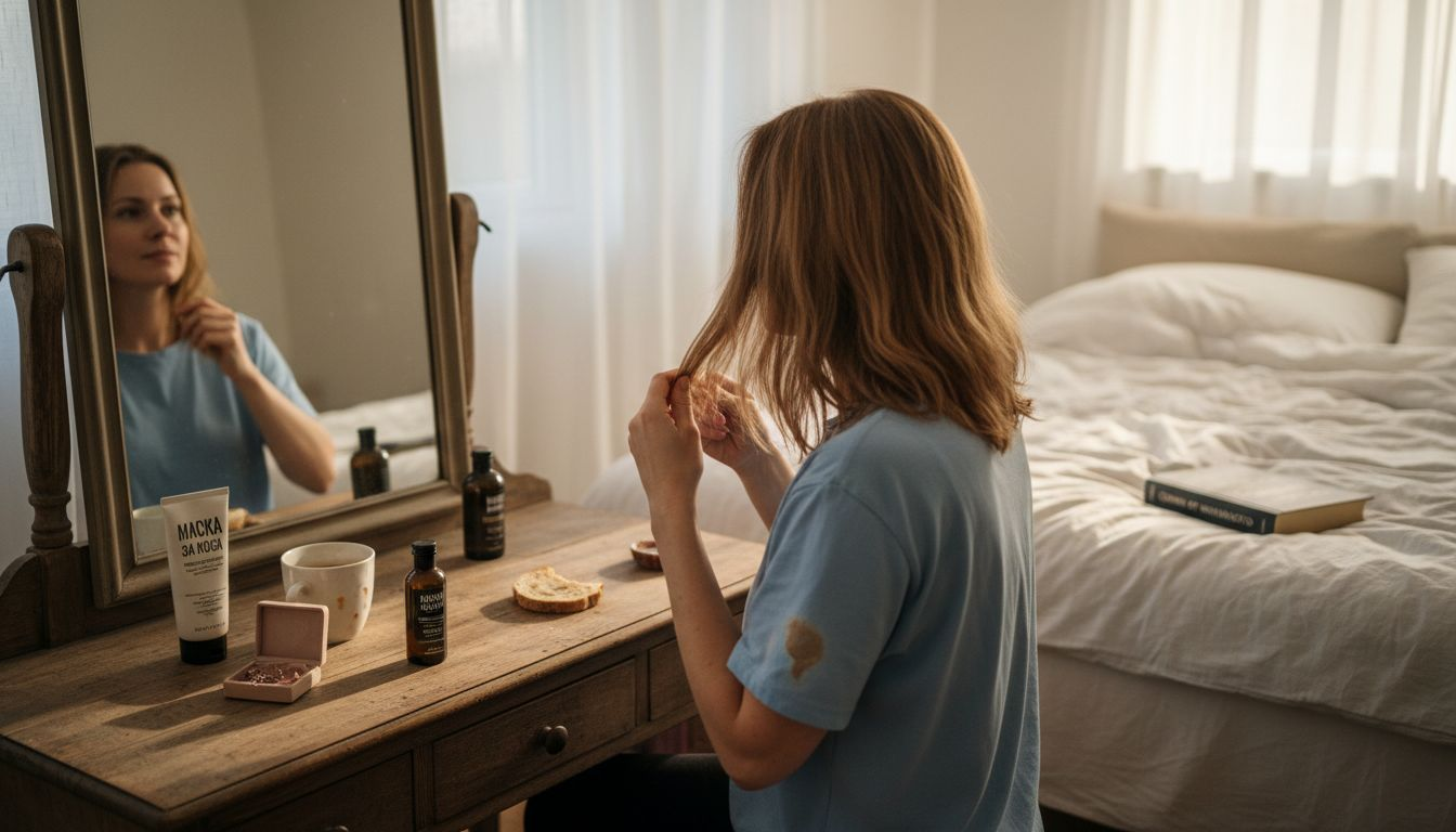Жена седи пред тоалетката в спалнята и внимателно разресва косата си.