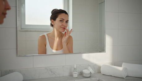 Жена нанася хиалуронов серум върху лицето си в банята, грижейки се за кожата си след душ.