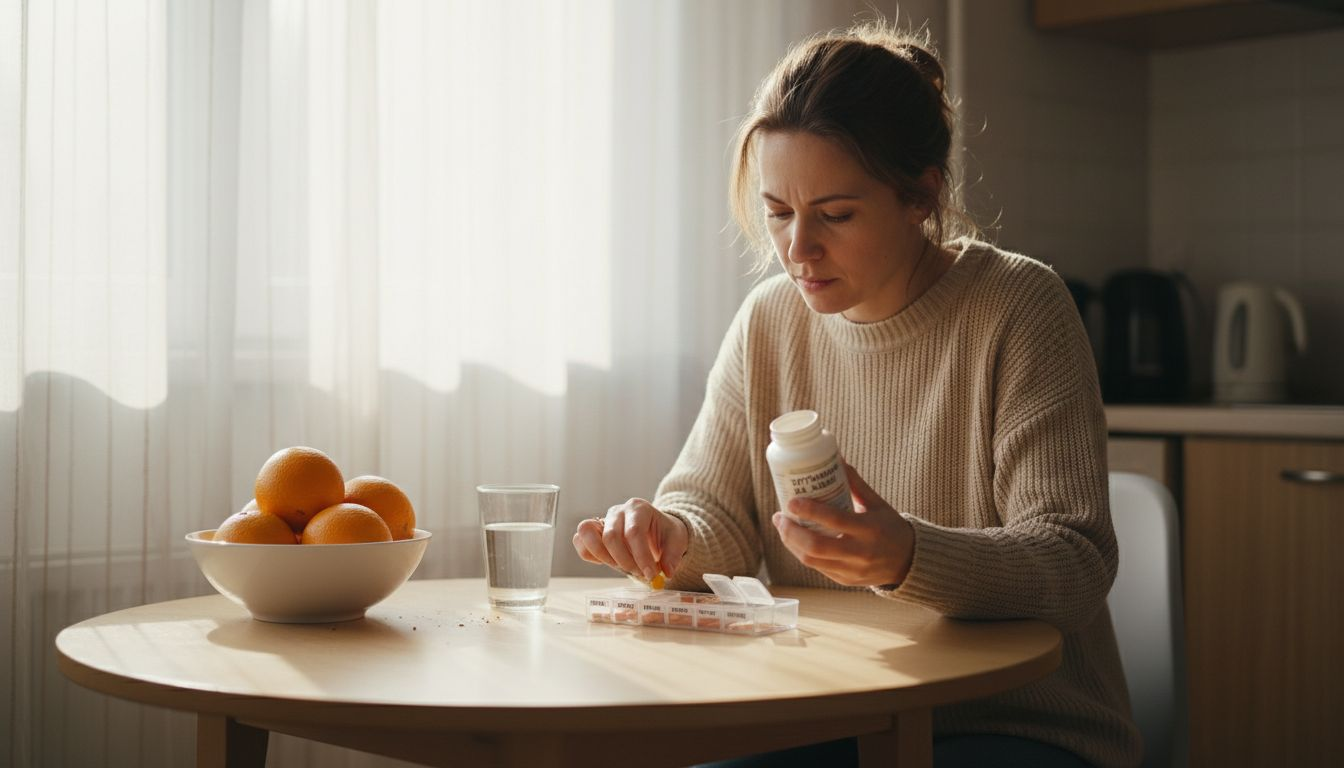 Жена държи витамин на кухненската маса.