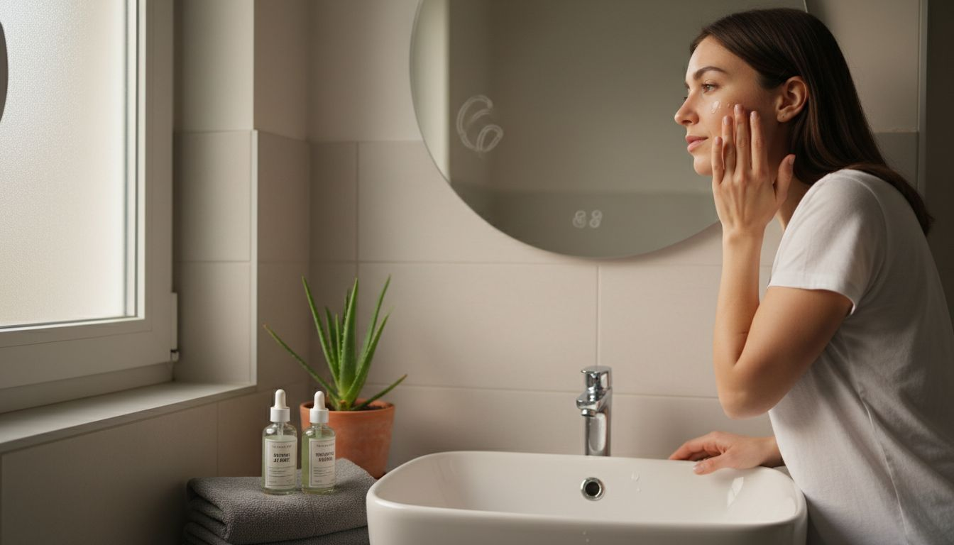 Жена си поставя серум на лицето вкъщи, като част от ежедневната си грижа за кожата.