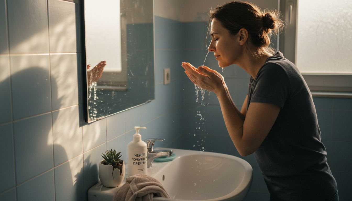 Жена внимателно измива лицето си сутрин в банята, наслаждавайки се на освежаващия старт на деня.
