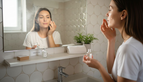 Жена нанася серум върху лицето си, докато се гледа в огледалото в банята.