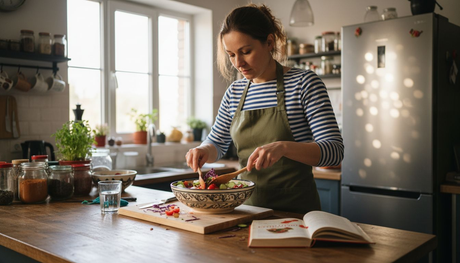 Жена приготвя свежа салата в уютната кухня на апартамента си.