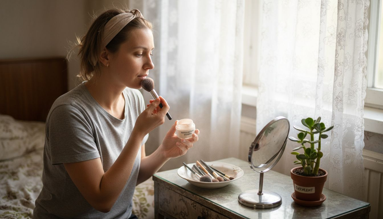 Жена нанася минерален грим в светла и уютна спалня.