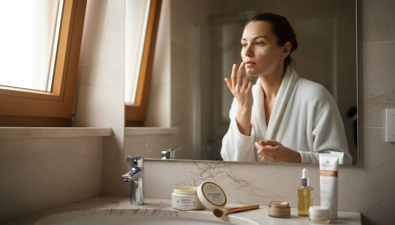Жена нанася Q10 крем върху лицето си, застанала пред огледалото в банята.