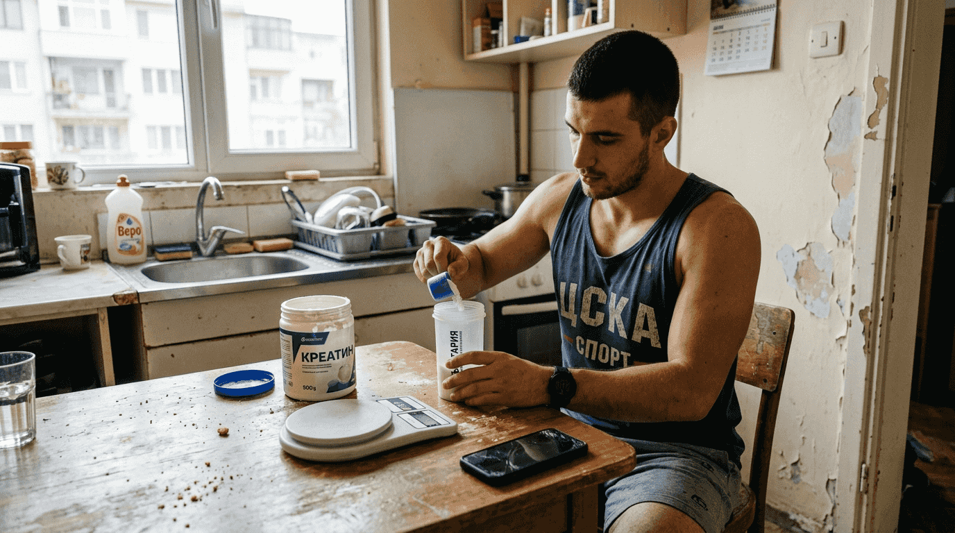 Спортист подрежда добавките си на кухненската маса, готвейки се за тренировка.