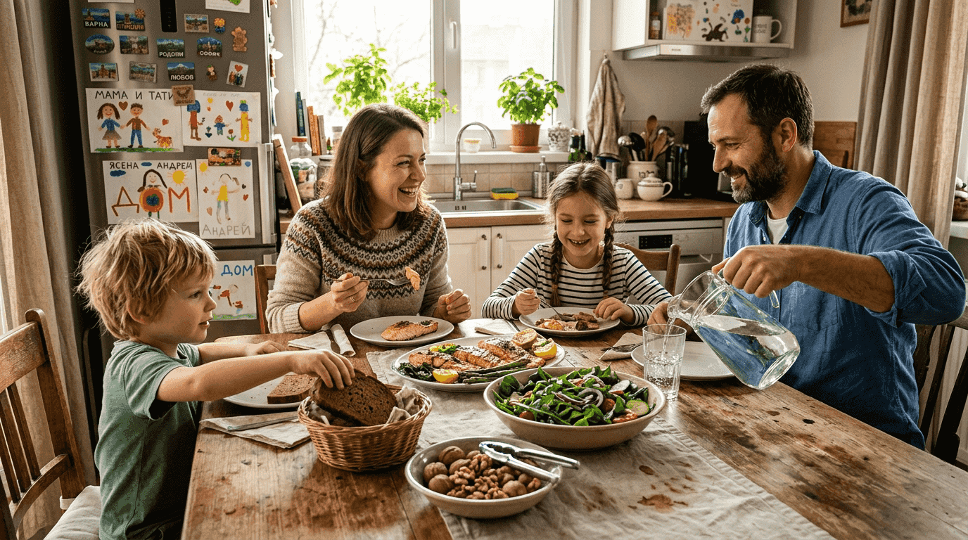 Семейството се събира на вечеря и с удоволствие похапва ястия, богати на омега-3.