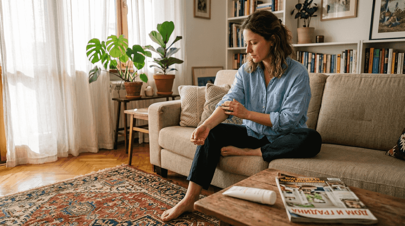 Жена с чувствителна, склонна към раздразнения кожа, отпочива на дивана