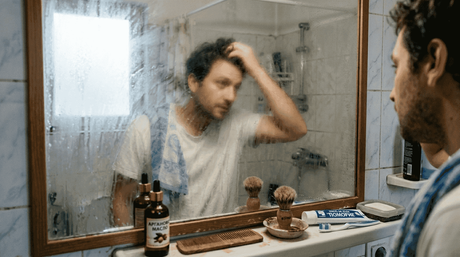Мъж се оглежда в огледалото на баня, която носи следите на ежедневието.