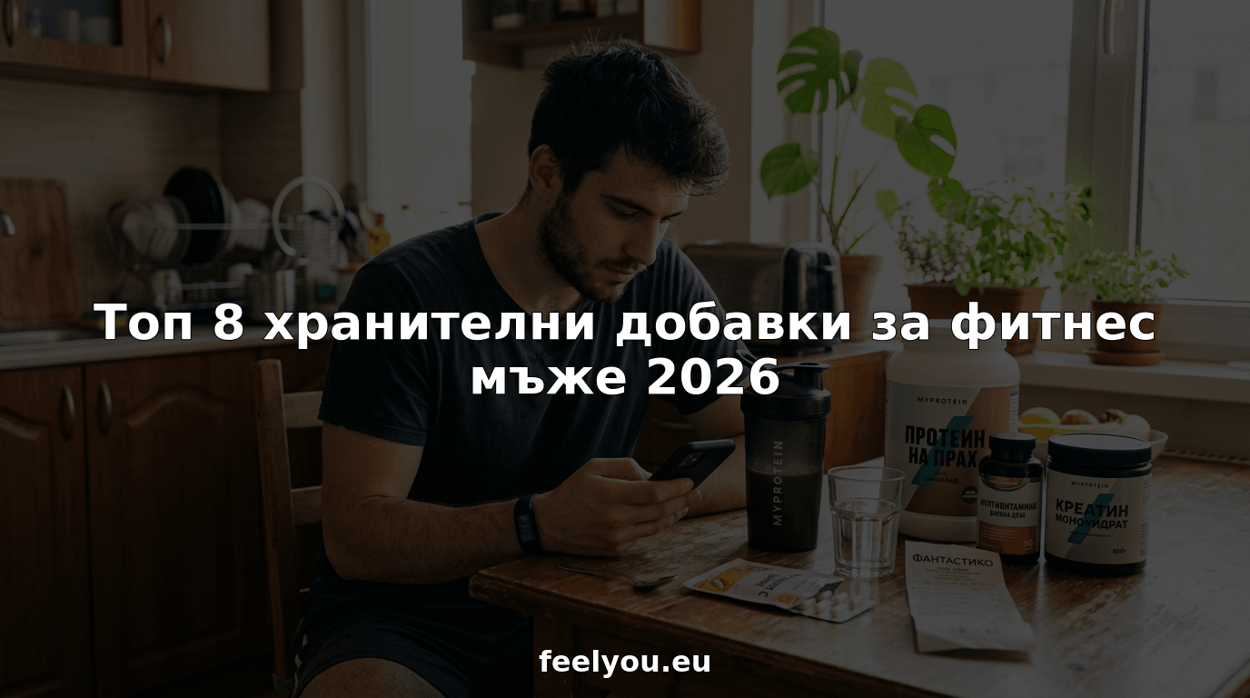 Мъж преглежда различни фитнес добавки, седнал на масата и обмисля коя би била най-подходяща за тренировките му.