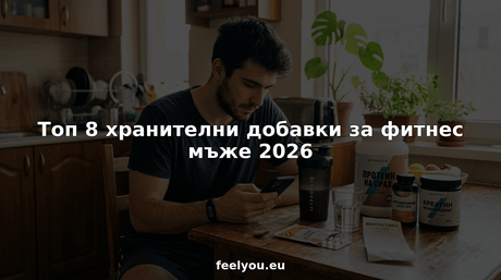 Мъж преглежда различни фитнес добавки, седнал на масата и обмисля коя би била най-подходяща за тренировките му.