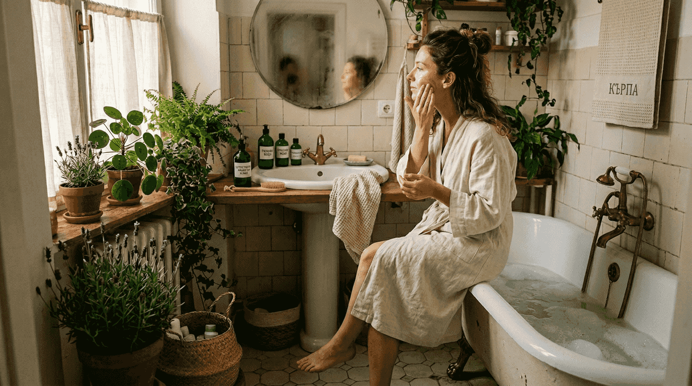 Млада жена се наслаждава на момента, като нанася натурална козметика върху лицето си в топлата и уютна атмосфера на домашната си баня.
