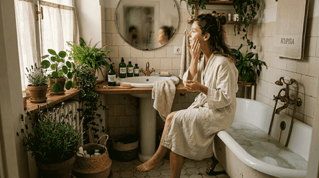 Млада жена се наслаждава на момента, като нанася натурална козметика върху лицето си в топлата и уютна атмосфера на домашната си баня.