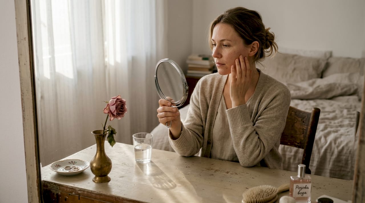 Жена оглежда внимателно кожата на лицето си пред тоалетката.