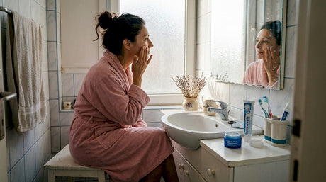 Българка нанася хидратиращ крем на лицето си пред огледалото в банята.