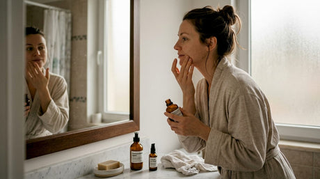 Жена нанася крем за лице пред огледалото в банята.