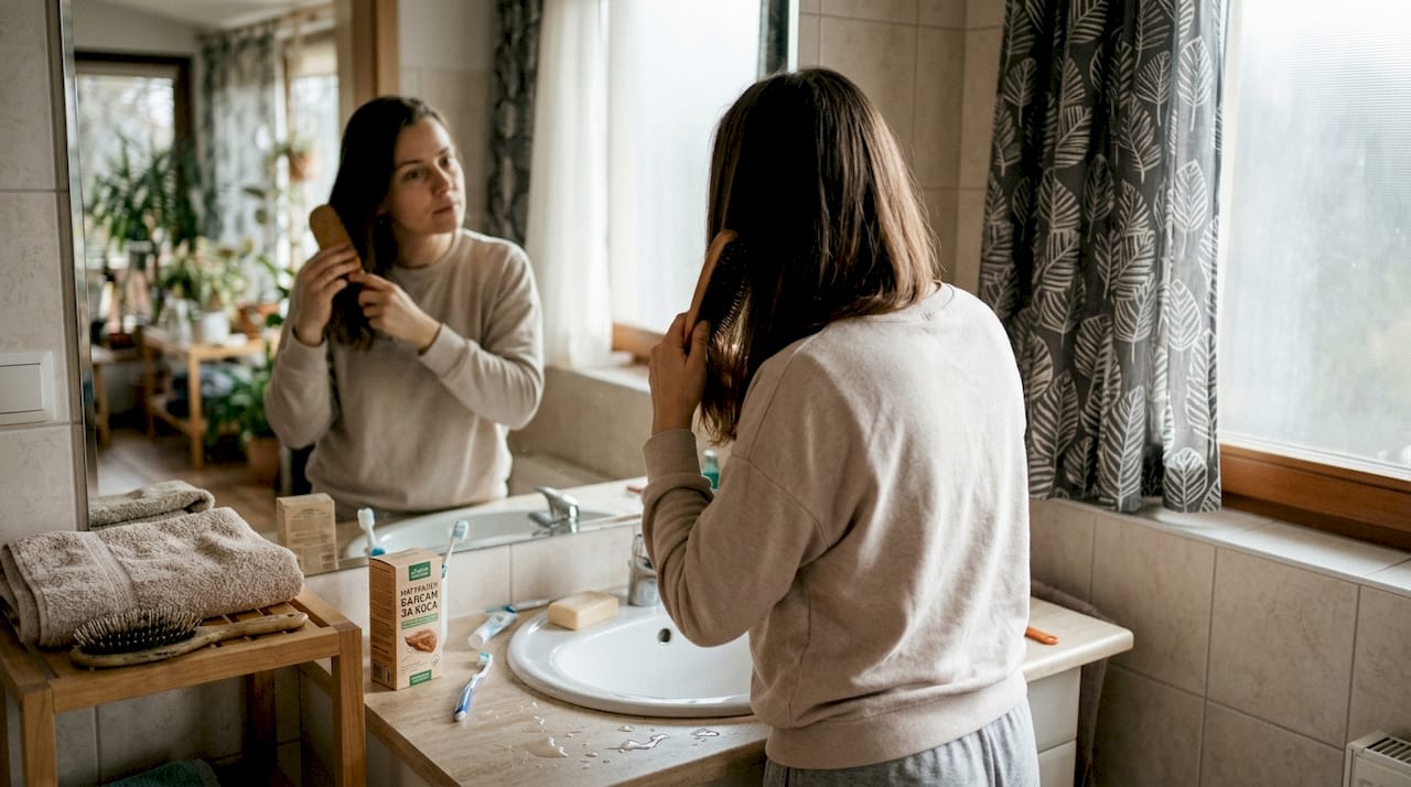 Жена сресва косата си пред огледалото в банята.