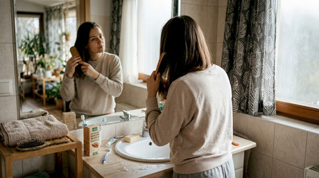 Жена сресва косата си пред огледалото в банята.