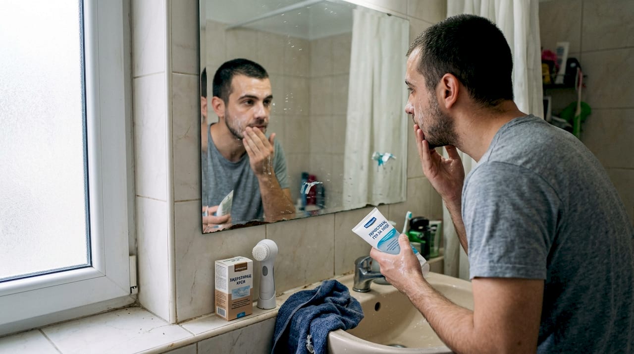 Мъж се грижи за кожата на лицето си вкъщи, докато си прави домашни спа процедури в банята.