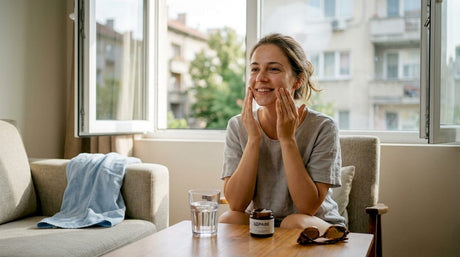 Жена внимателно нанася крем върху лицето си, докато стои до прозореца и се наслаждава на дневната светлина.