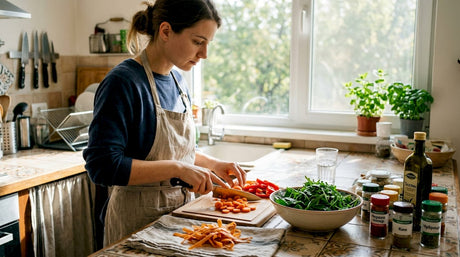 В кухнята една жена се грижи за здравословното хранене, като приготвя вкусни и полезни ястия.