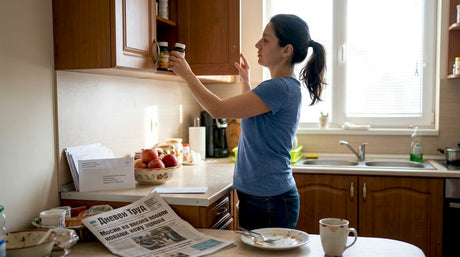 Жена посяга към шкафа в кухнята, за да вземе дневната си доза витамини.