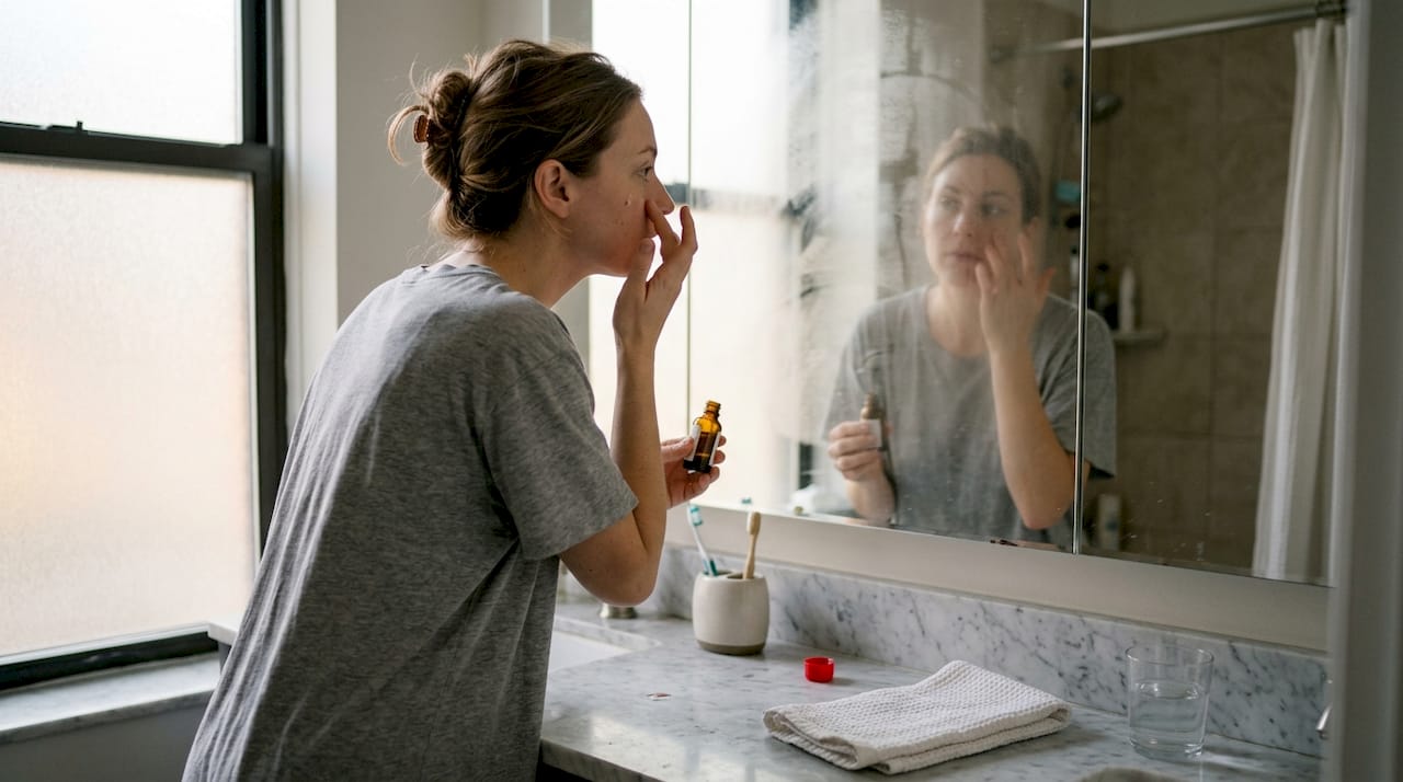 Жена нанася серум за лице пред огледалото в банята.