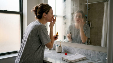 Жена нанася серум за лице пред огледалото в банята.