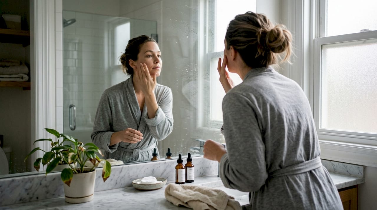 Жена нанася серум върху лицето си пред огледалото в светлата баня.