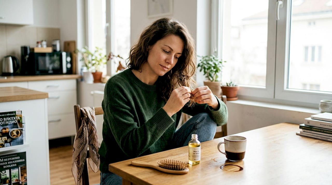 Жена си слага масло на косата, за да я подхрани и придаде блясък.