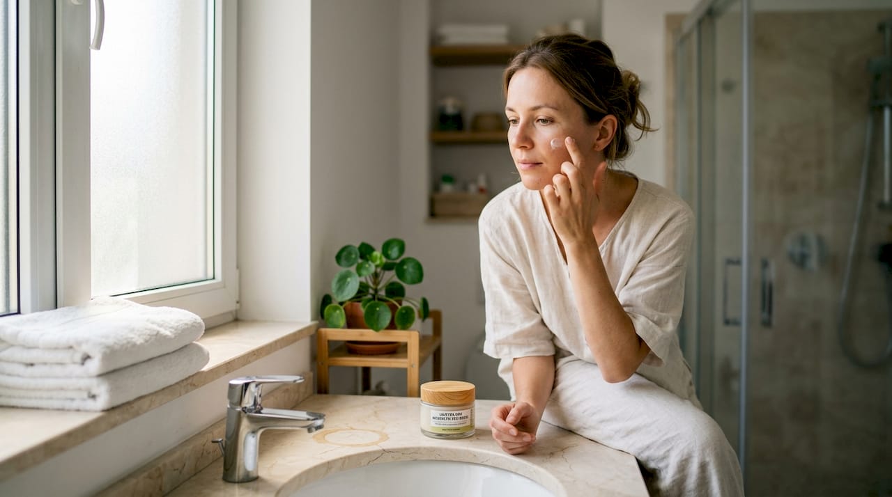 Жена се грижи за кожата си, нанасяйки натурален крем пред огледалото в банята.