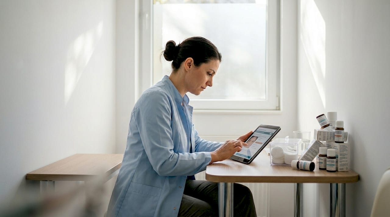 Дерматологът преглежда кожата на пациента в клиниката и оценява състоянието й.