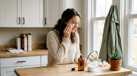 Жена си слага тоник на лицето, докато е в кухнята.