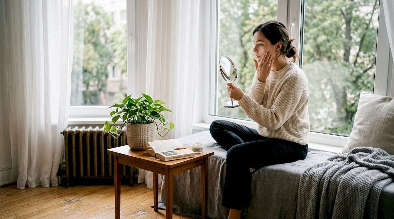 Жена внимателно нанася крем на лицето си, докато стои до прозореца у дома.
