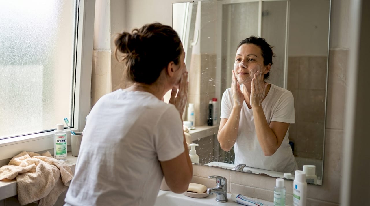 Жена се грижи за кожата на лицето си вкъщи, застанала пред огледалото.