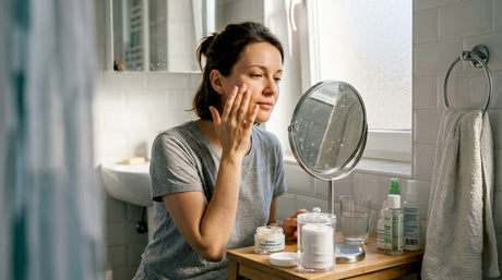 Жена нанася хидратиращ крем пред огледалото в банята.