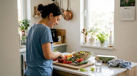 Млада жена приготвя здравословна вечеря в светлата си кухня.