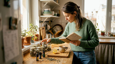 Млада жена старателно нарежда пресни био продукти върху кухненския плот, приготвяйки се за готвене.