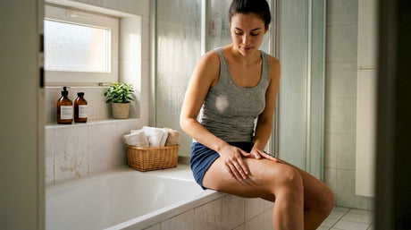 Жена си маже крака с крем в банята.