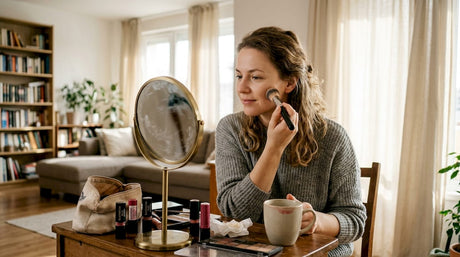 Жена се гримира пред огледалото вкъщи.