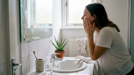 Жена внимателно си маже лицето със слънцезащитен крем, за да се предпази от слънцето.