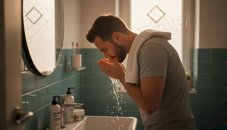 Мъж си мие лицето в малката баня у дома.