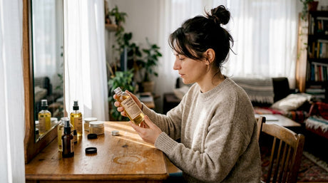 Жена избира ароматни масла за тяло пред огледалото на тоалетката си у дома.