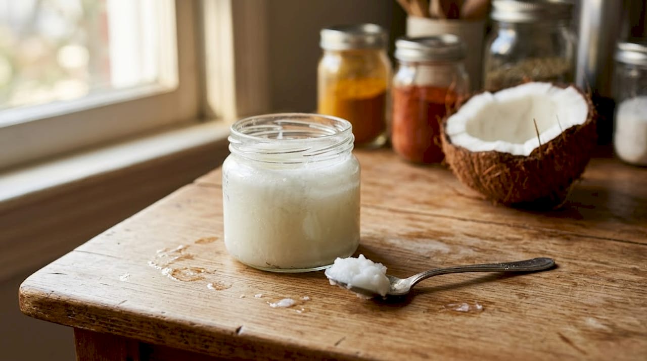 Стъклен буркан с кокосово масло и разполовен кокос, поставени върху масата