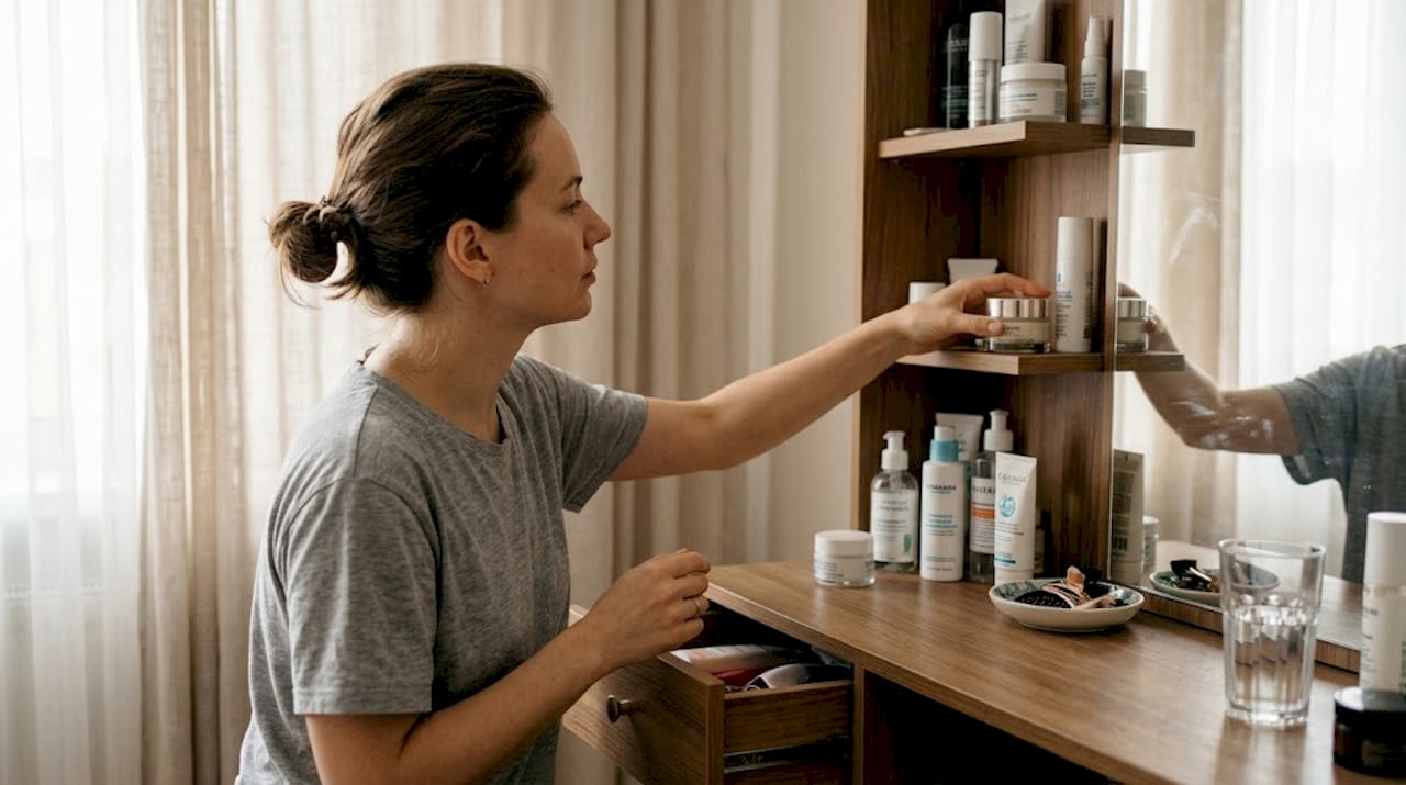 Жена разглежда различни кремове на щанда в козметичен магазин, опитвайки се да избере най-подходящия за себе си.