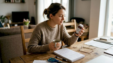 Млада жена си разглежда новата хранителна добавка с чай, докато е вкъщи.