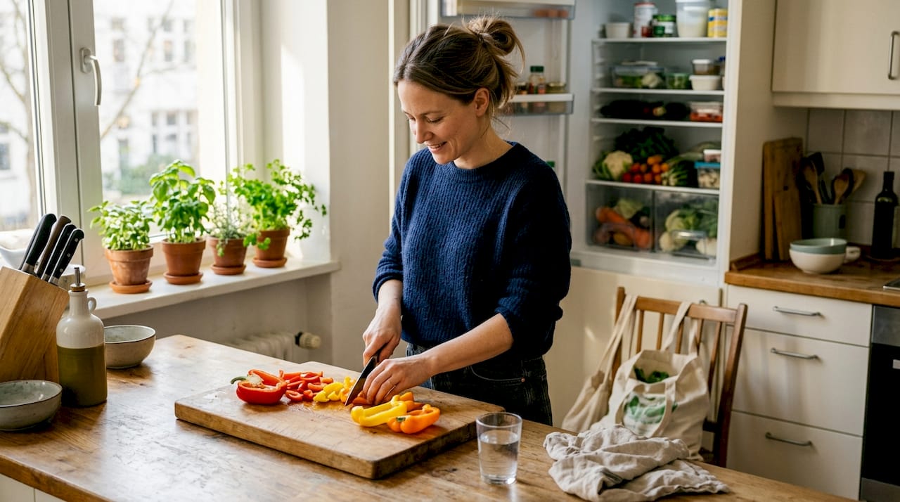 Жена приготвя здравословна вечеря в светлата си кухня.