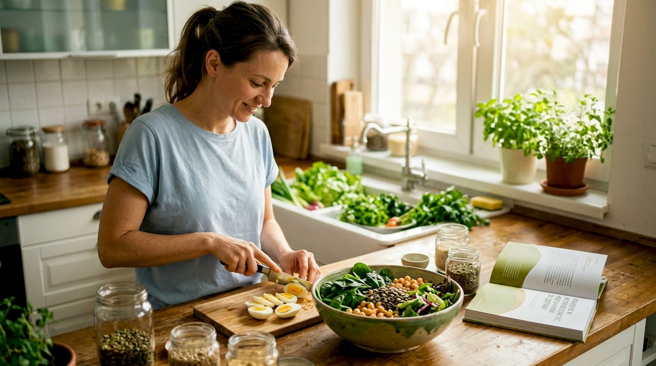 Жена приготвя свежа салата, богата на цинк, в домашната си кухня.