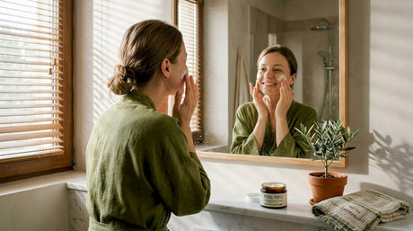В уютната си баня жена внимателно нанася върху кожата си любимия органичен крем.